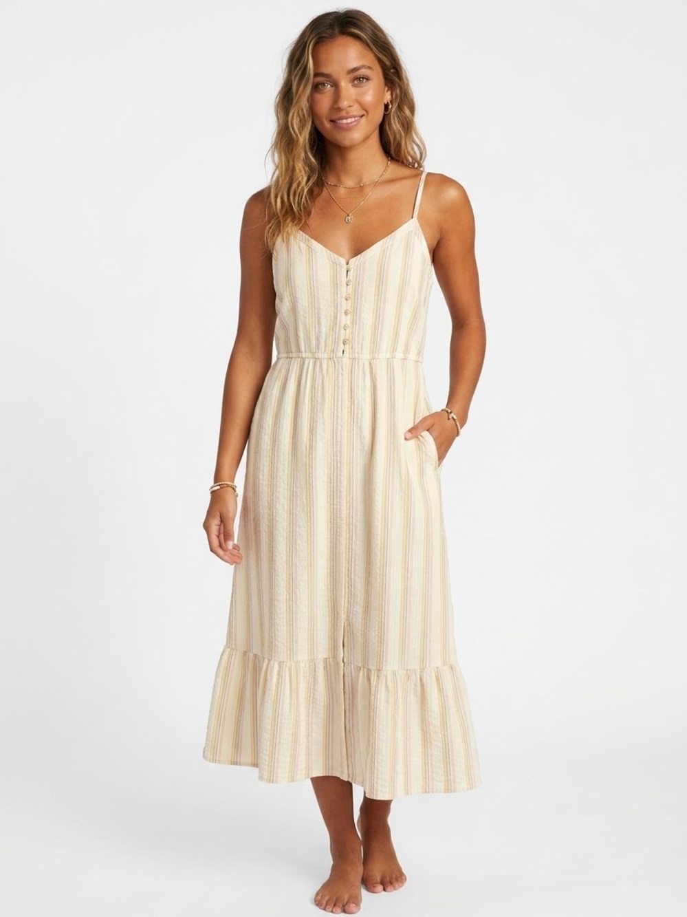 AERIE | MIDI PASTEL STRIPED V NECK DRESS